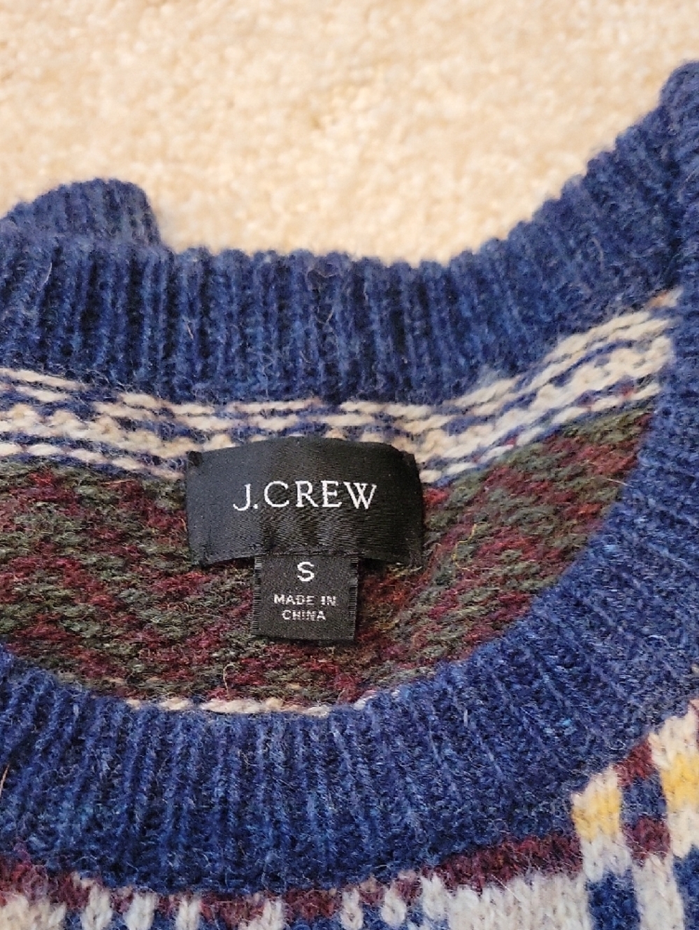 J. Crew Men’s S Navy Blue Fair Isle Crewneck Sweater with White Dog Motif - Picture 2 of 5